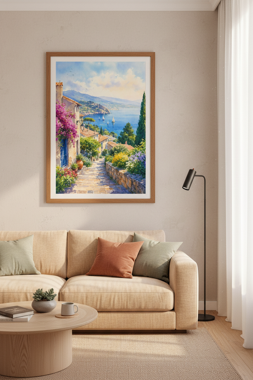 Mediterranean Coast Watercolor | Seaside Village Art, Coastal Home Decor Poster