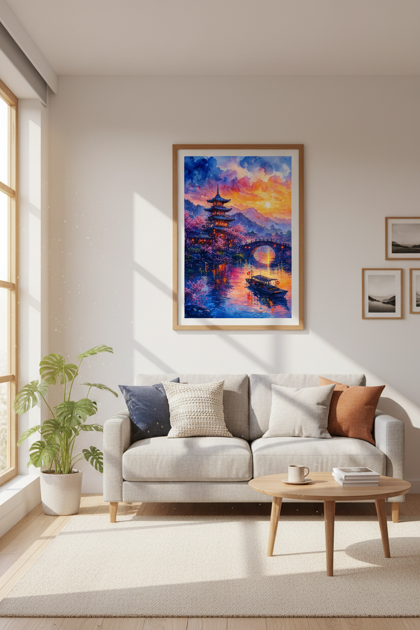 Japanese Pagoda Sunset | Watercolor Landscape Print, Zen Home Decor