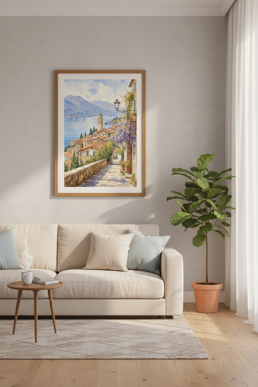 Lake Como Italy Watercolor Print | Mediterranean Landscape | Coastal Wall Art Decor
