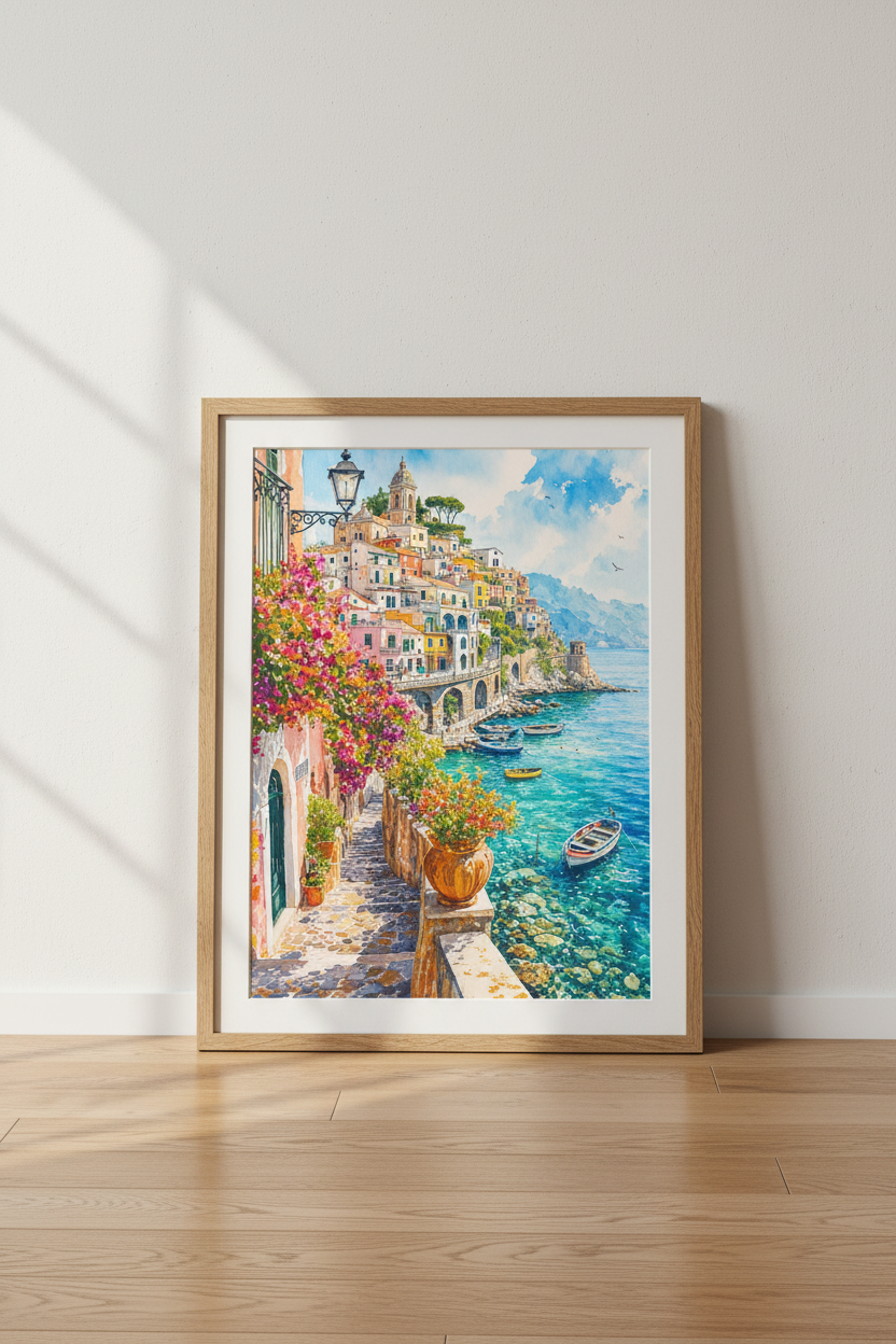 Amalfi Coast Italy Watercolor Print | Coastal Home Decor | Mediterranean Travel Poster
