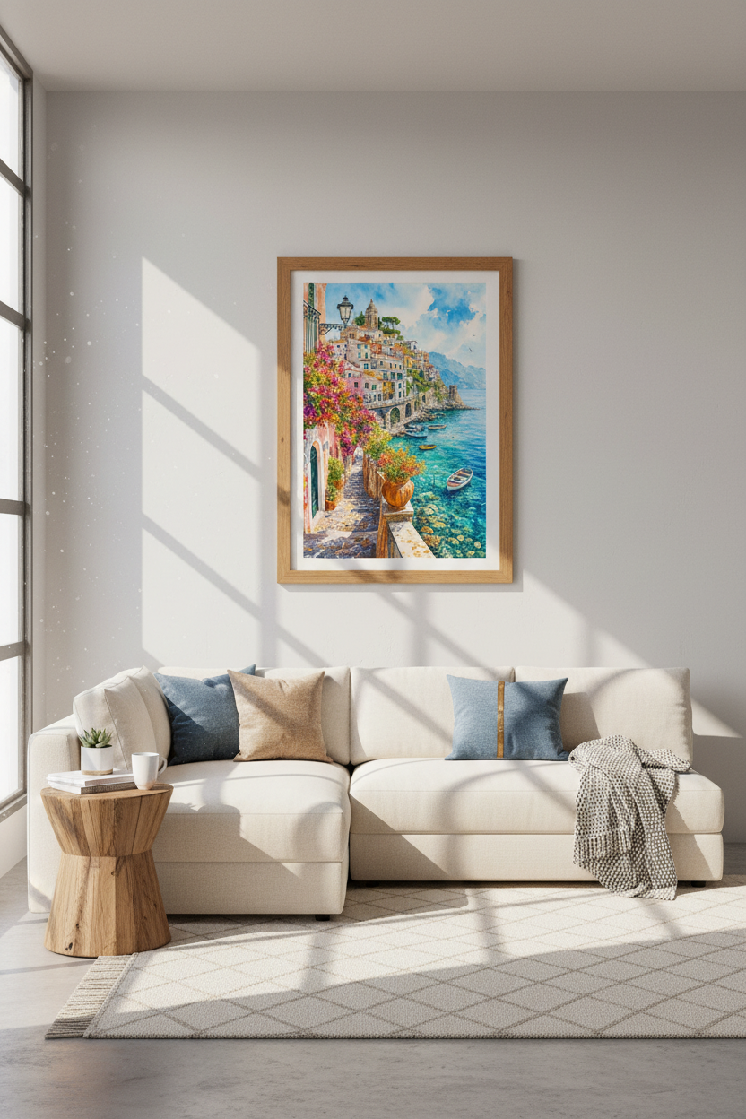 Amalfi Coast Italy Watercolor Print | Coastal Home Decor | Mediterranean Travel Poster