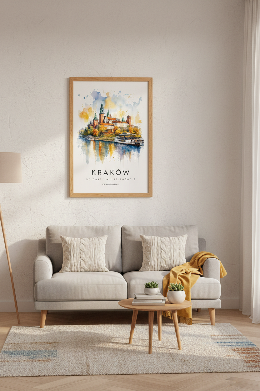 Krakow Poland Watercolor Art | Wawel Castle Travel Poster, Living Room Decor