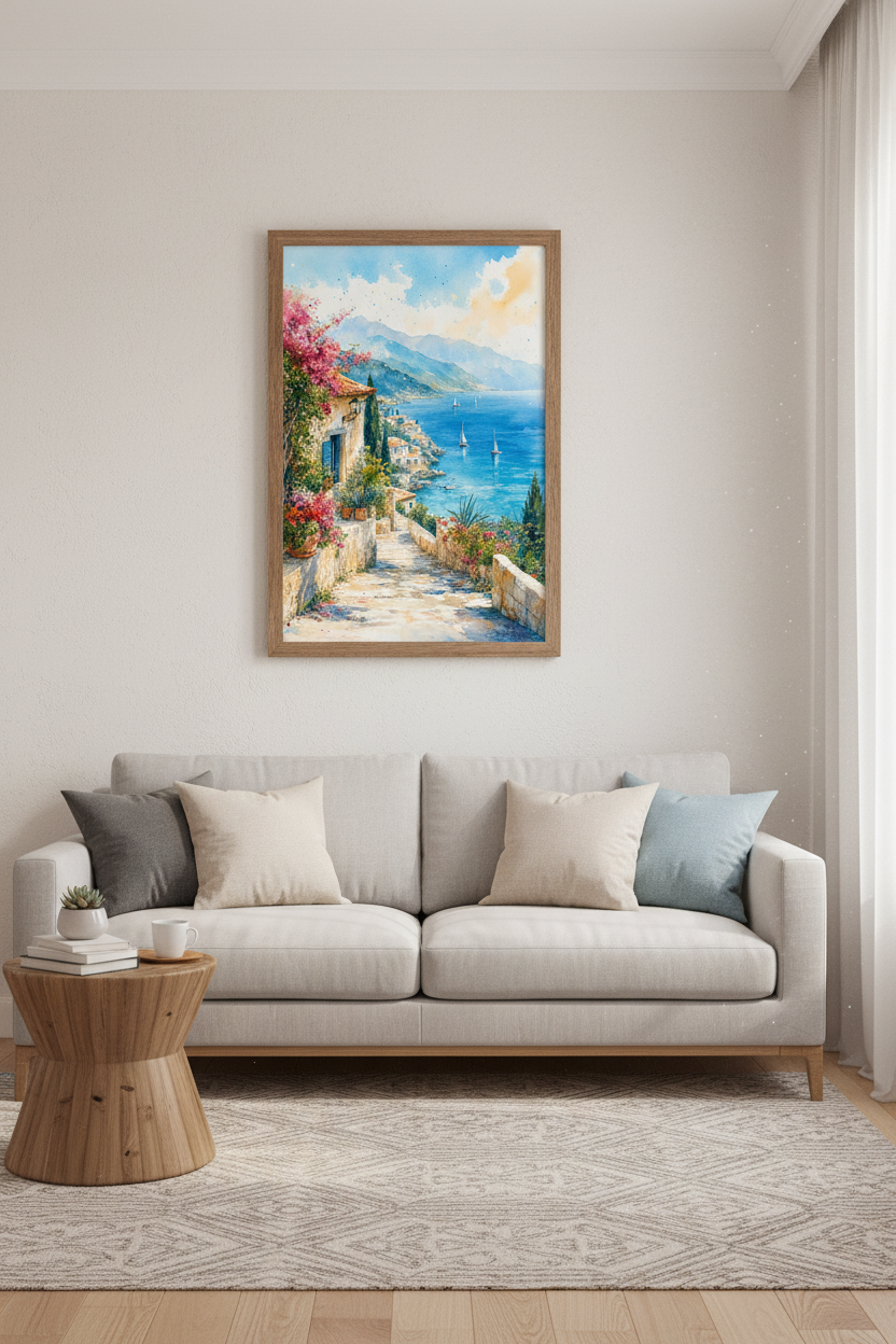 Coastal Mediterranean Watercolor | Blue Sea &amp; Bougainvillea Print, Living Room Decor