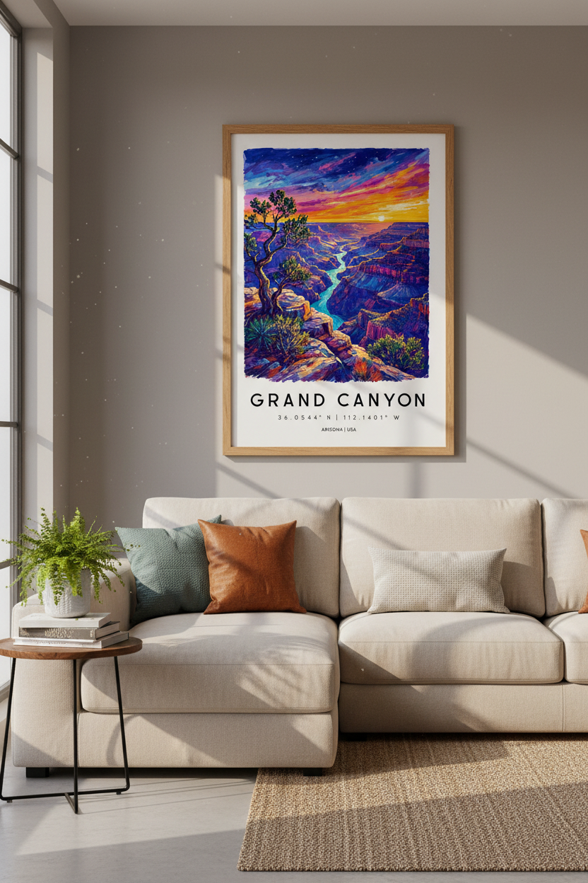 Grand Canyon | Vibrant Sunset Impressionist Art, Arizona Travel Poster Decor