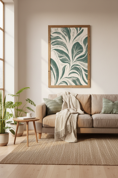 Abstract Botanical Leaf Wall Art | Sage Green &amp; Cream Decor | Minimalist Poster Print