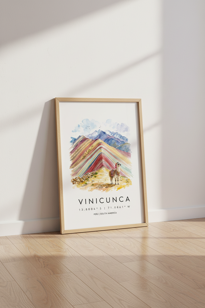 Vinicunca Peru Rainbow Mountain Art | Llama Watercolor Poster, Travel Decor