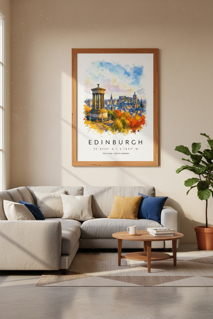 Edinburgh Scotland Watercolor Art Print | Cityscape Travel Poster | Calton Hill Decor