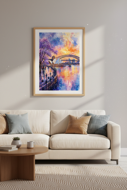 Sydney Harbour Watercolor Wall Art | Purple Sunset Cityscape | Australian Travel Poster