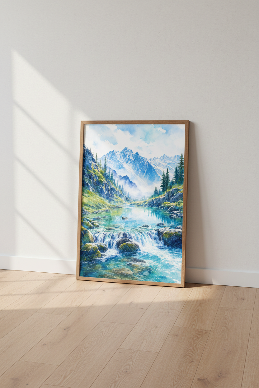 Mountain Landscape Watercolor Wall Art | Blue Nature Scene, Living Room Poster