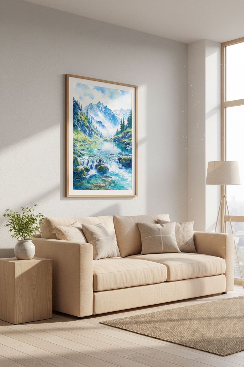 Mountain Landscape Watercolor Wall Art | Blue Nature Scene, Living Room Poster