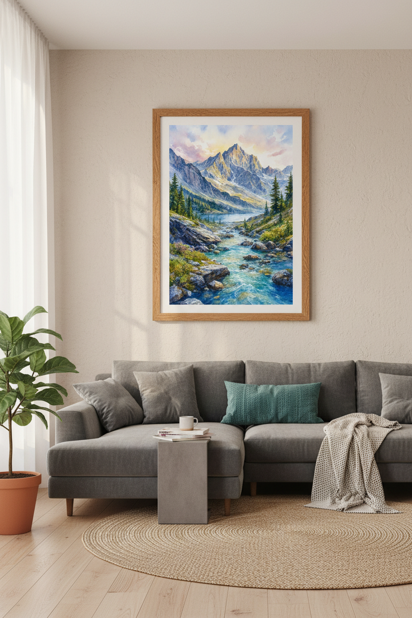 Mountain Landscape Watercolor Wall Art | Blue Nature Poster, Living Room Decor