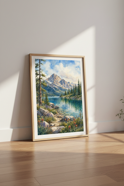 Mountain Lake Watercolor Print | Nature Landscape Wall Art, Rustic Cabin Decor