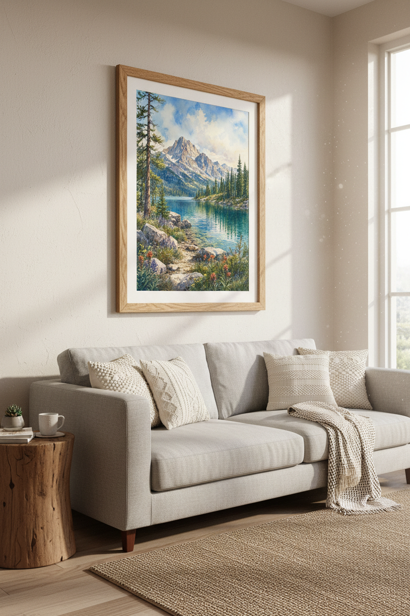 Mountain Lake Watercolor Print | Nature Landscape Wall Art, Rustic Cabin Decor