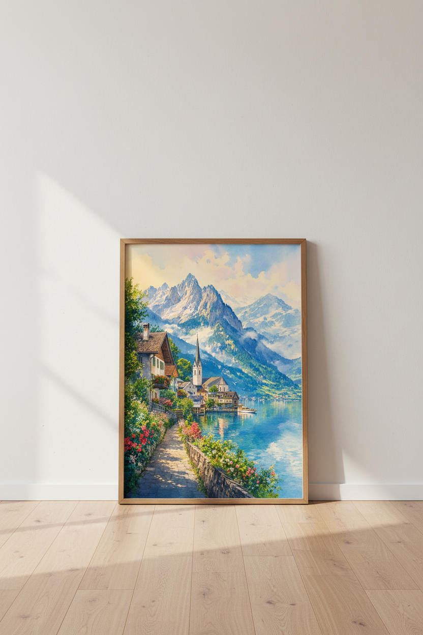 Alpine Village Watercolor Print | Mountain Lake Landscape, European Travel Wall Art
