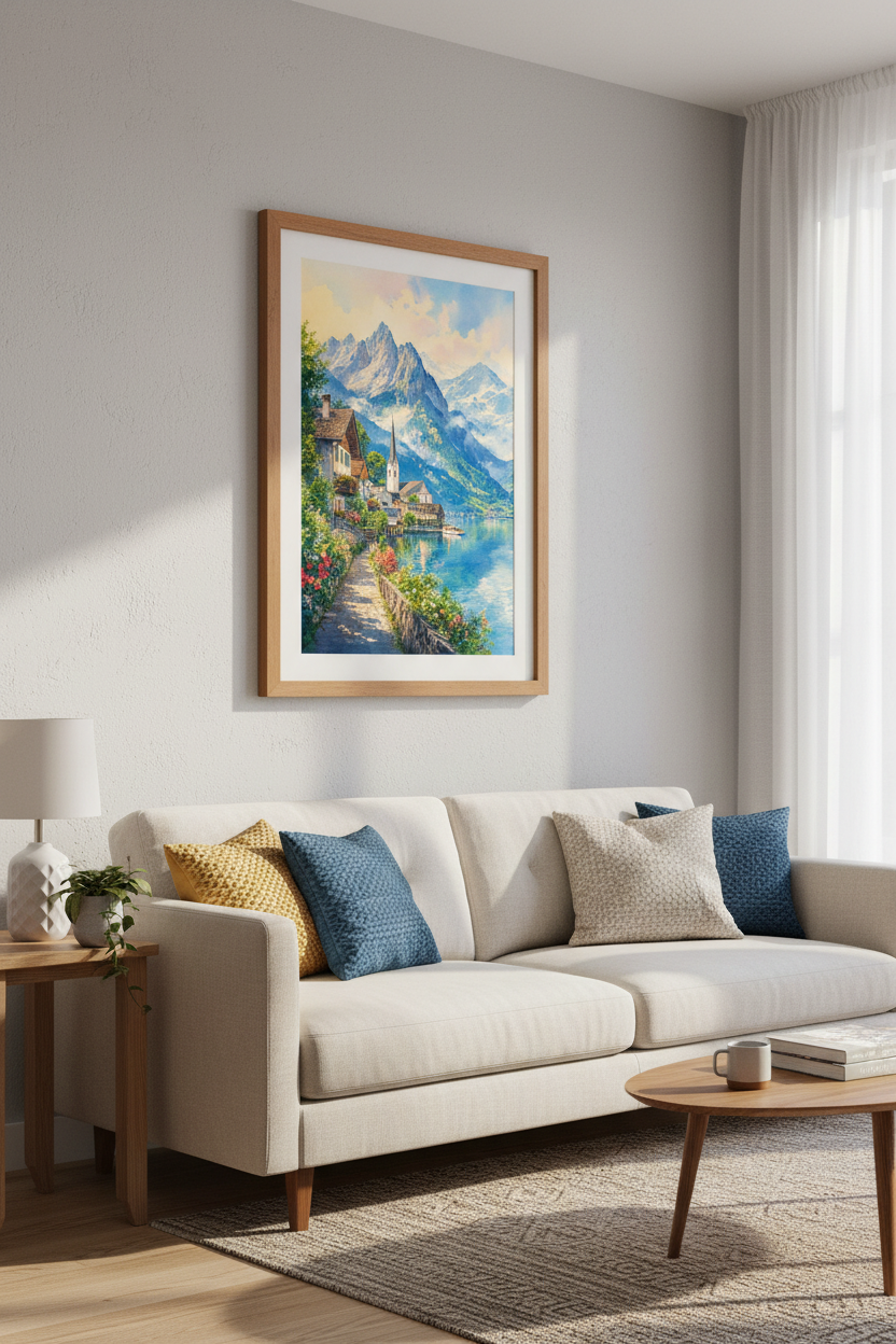 Alpine Village Watercolor Print | Mountain Lake Landscape, European Travel Wall Art