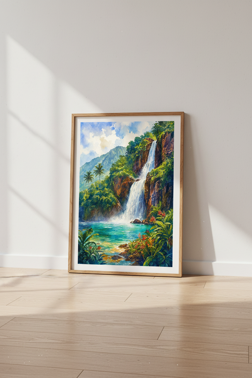 Tropical Waterfall Watercolor Art | Blue Lagoon Island Poster | Nature Wall Decor