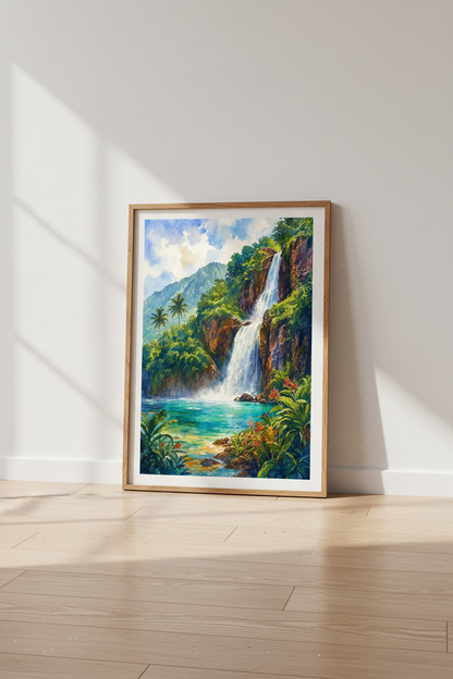 Tropical Waterfall Watercolor Art | Blue Lagoon Island Poster | Nature Wall Decor