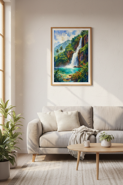 Tropical Waterfall Watercolor Art | Blue Lagoon Island Poster | Nature Wall Decor