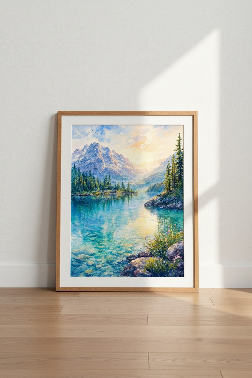 Mountain Lake Landscape Wall Art | Watercolor Nature Print, Blue &amp; Gold Room Decor