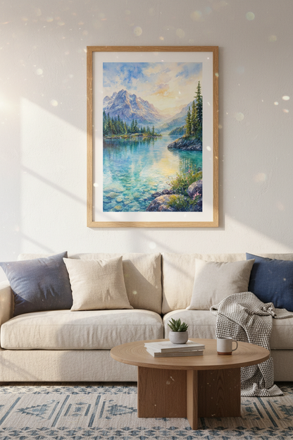 Mountain Lake Landscape Wall Art | Watercolor Nature Print, Blue &amp; Gold Room Decor