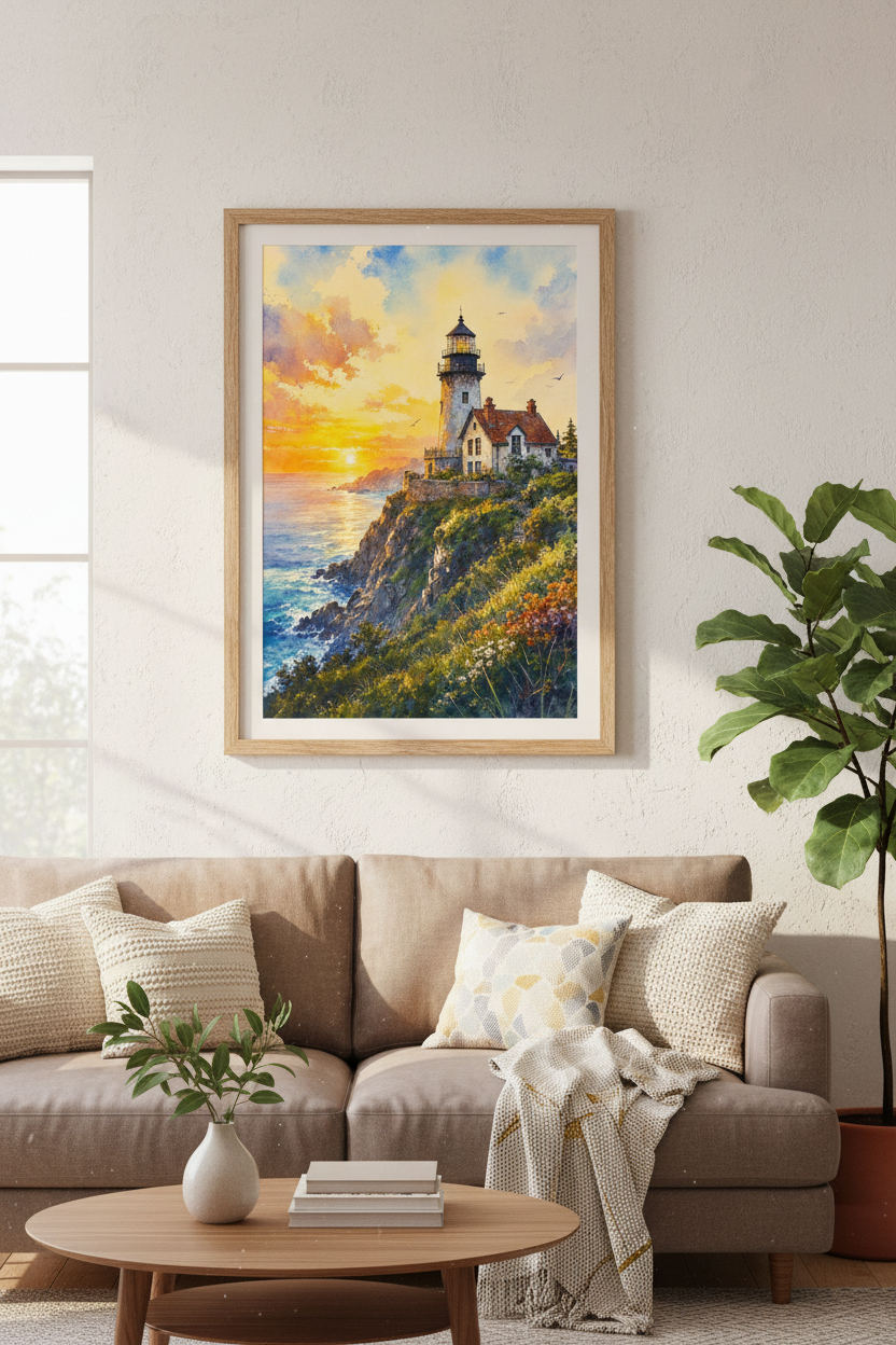 Lighthouse Sunset Watercolor Print | Coastal Living Room Decor | Nautical Wall Art