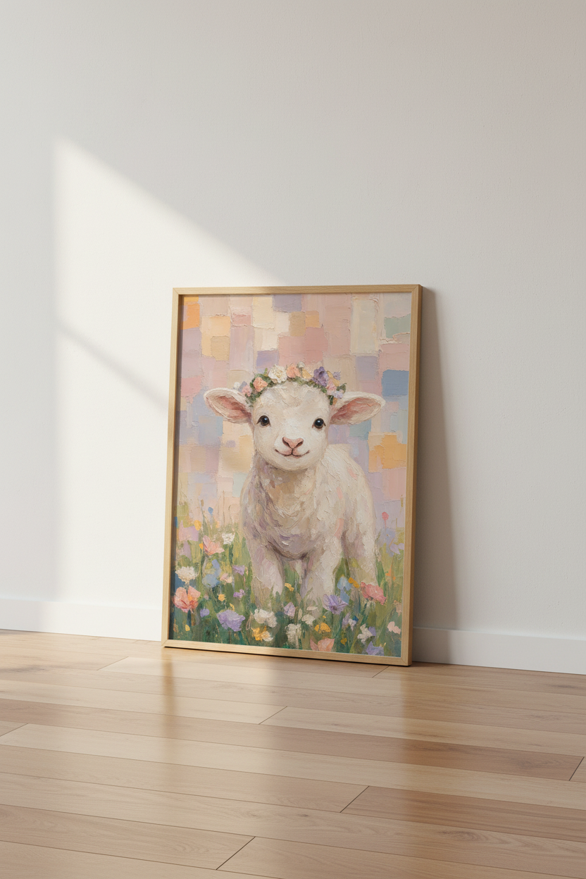 Baby Lamb Flower Crown Art | Pastel Impressionist Print, Nursery Decor