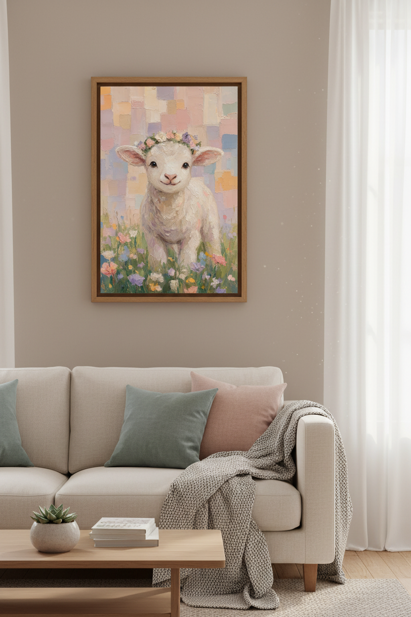 Baby Lamb Flower Crown Art | Pastel Impressionist Print, Nursery Decor