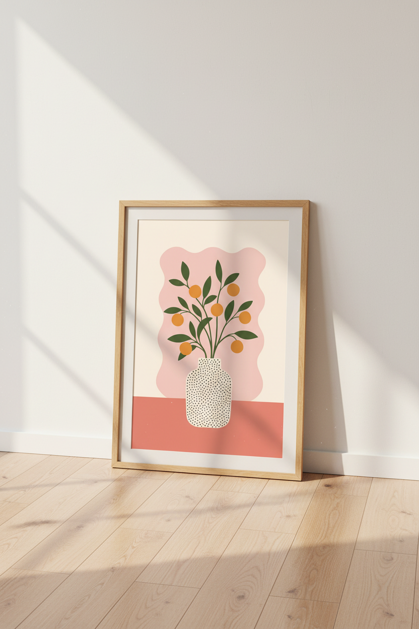 Modern Orange Tree Still Life | Pink &amp; Orange Botanical Art, Kitchen Wall Decor