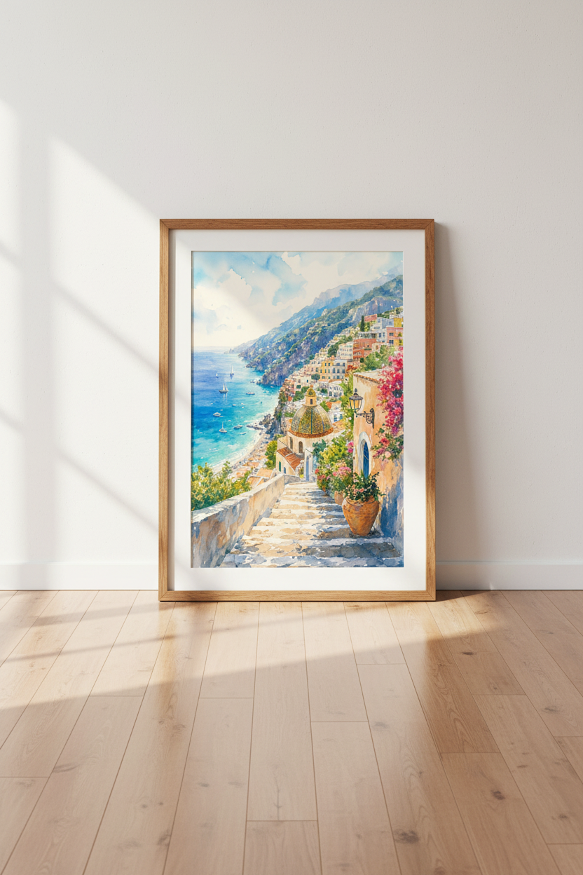 Amalfi Coast Positano Wall Art | Watercolor Italy Decor | Mediterranean Poster