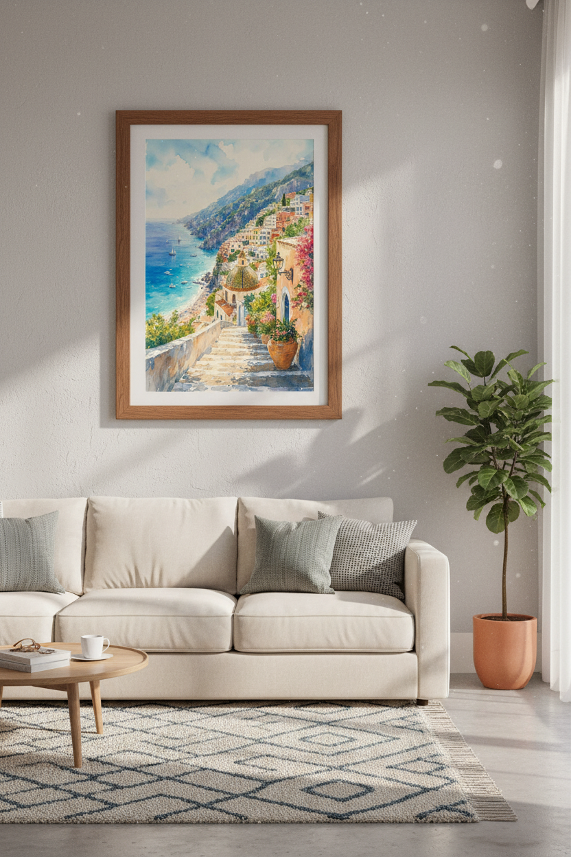 Amalfi Coast Positano Wall Art | Watercolor Italy Decor | Mediterranean Poster