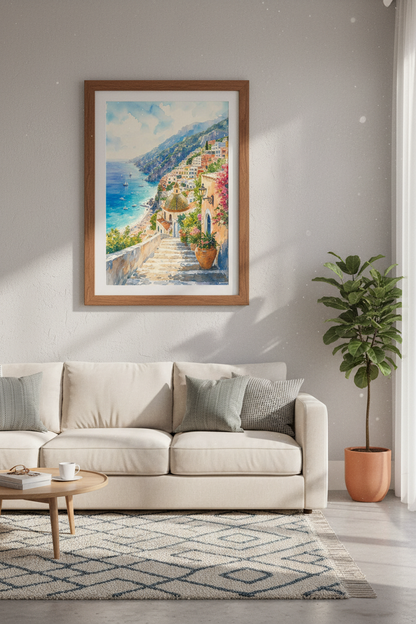 Amalfi Coast Positano Wall Art | Watercolor Italy Decor | Mediterranean Poster