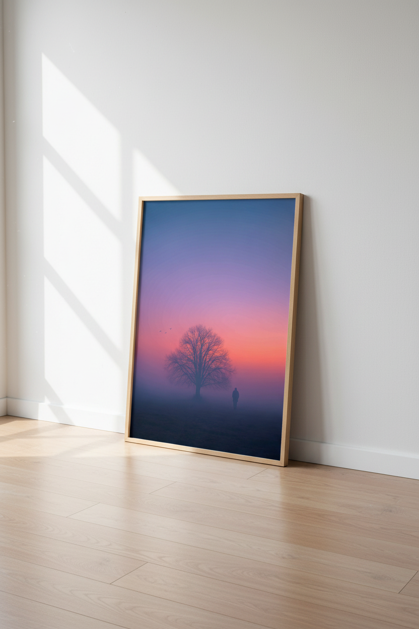 Solitary Tree Landscape Print | Purple Mist Sunset, Bedroom Wall Art Decor