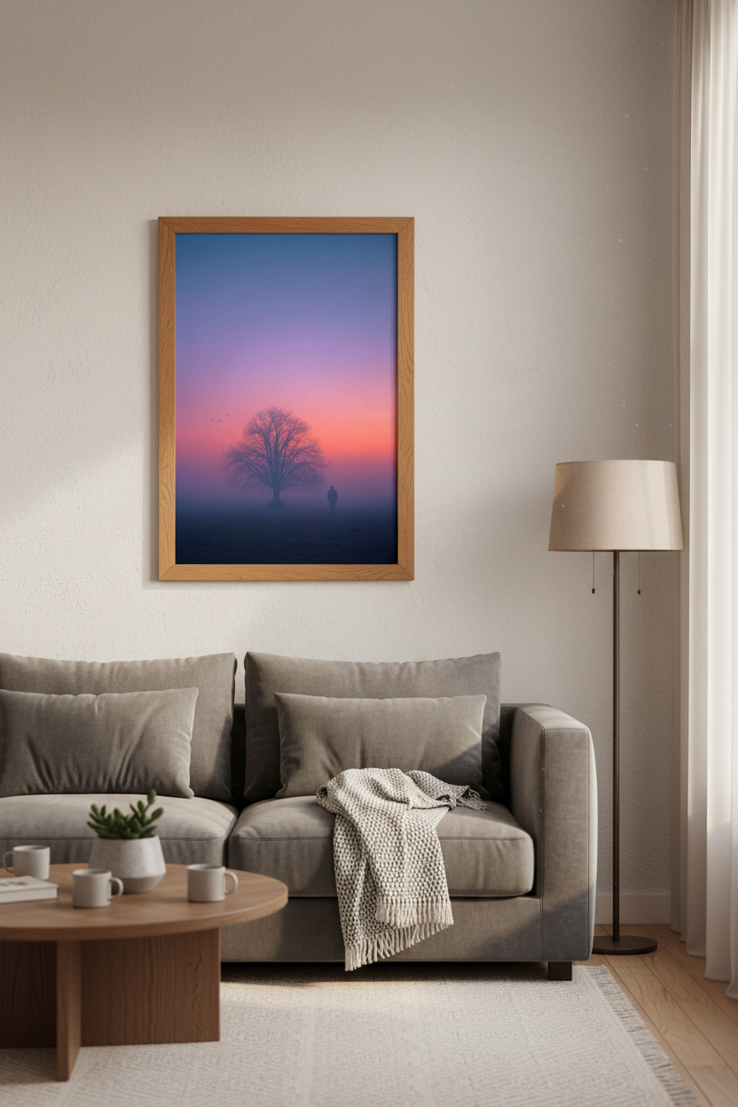 Solitary Tree Landscape Print | Purple Mist Sunset, Bedroom Wall Art Decor