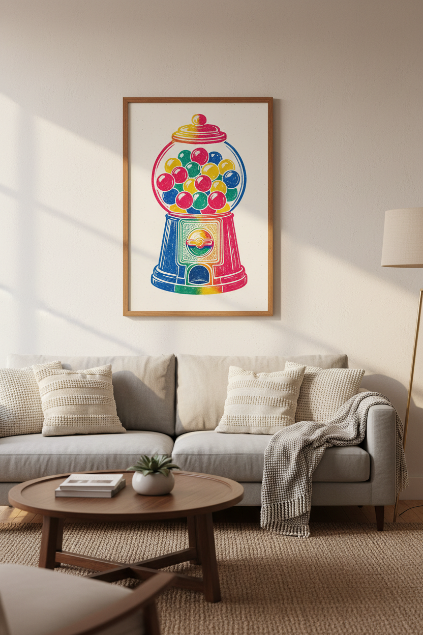 Gumball Machine Wall Art | Rainbow Retro Pop Poster, Playful Nursery Decor