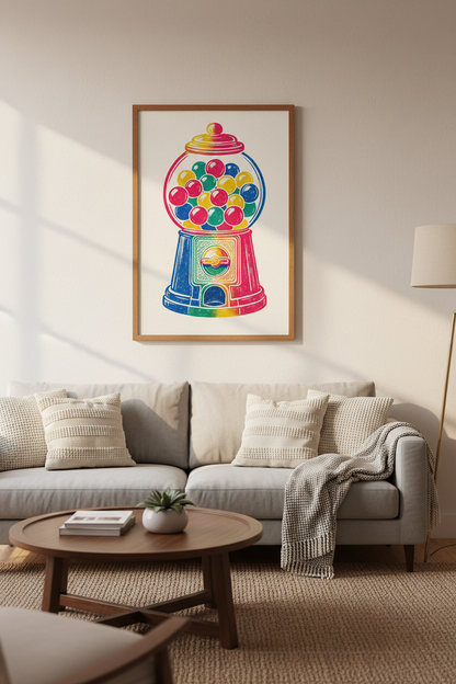 Gumball Machine Wall Art | Rainbow Retro Pop Poster, Playful Nursery Decor