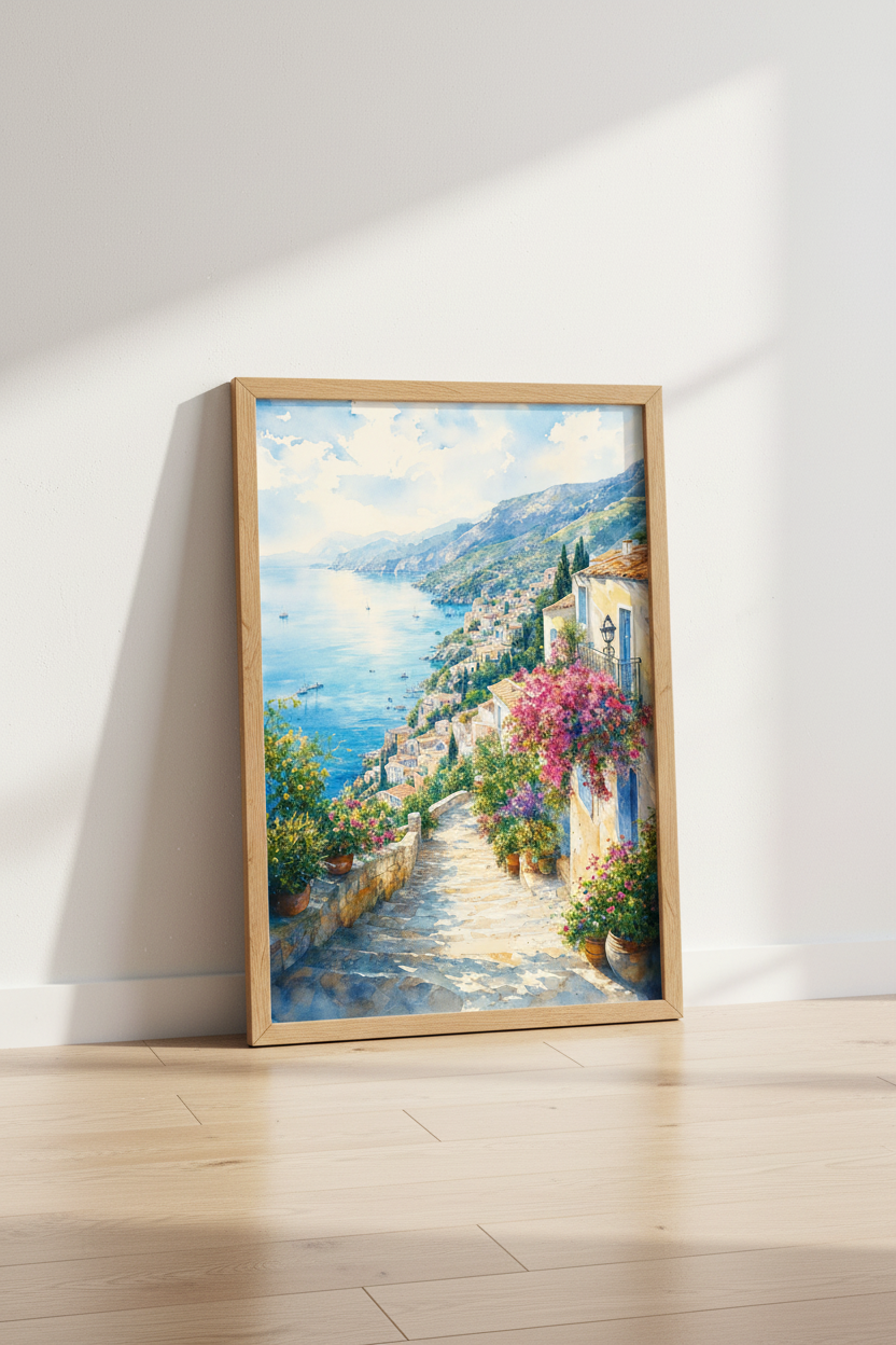 Amalfi Coast Watercolor | Italy Coastal Landscape, Mediterranean Travel Decor
