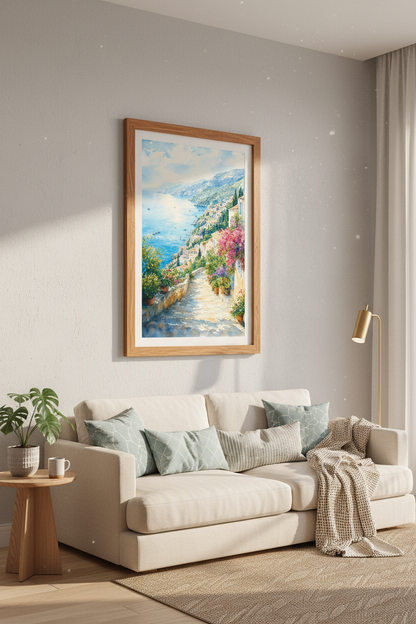 Amalfi Coast Watercolor | Italy Coastal Landscape, Mediterranean Travel Decor
