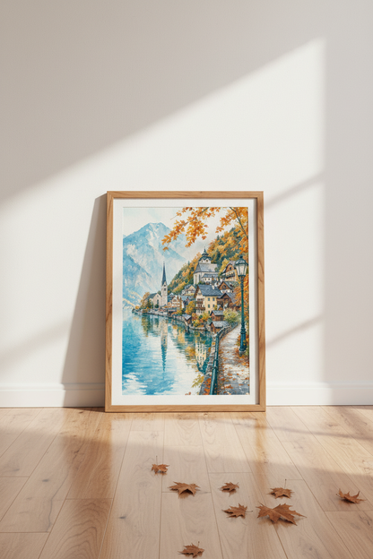 Hallstatt Austria Watercolor Wall Art | Autumn Alpine Landscape, Travel Poster Decor