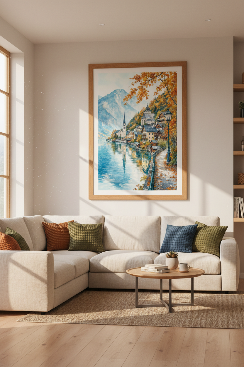 Hallstatt Austria Watercolor Wall Art | Autumn Alpine Landscape, Travel Poster Decor