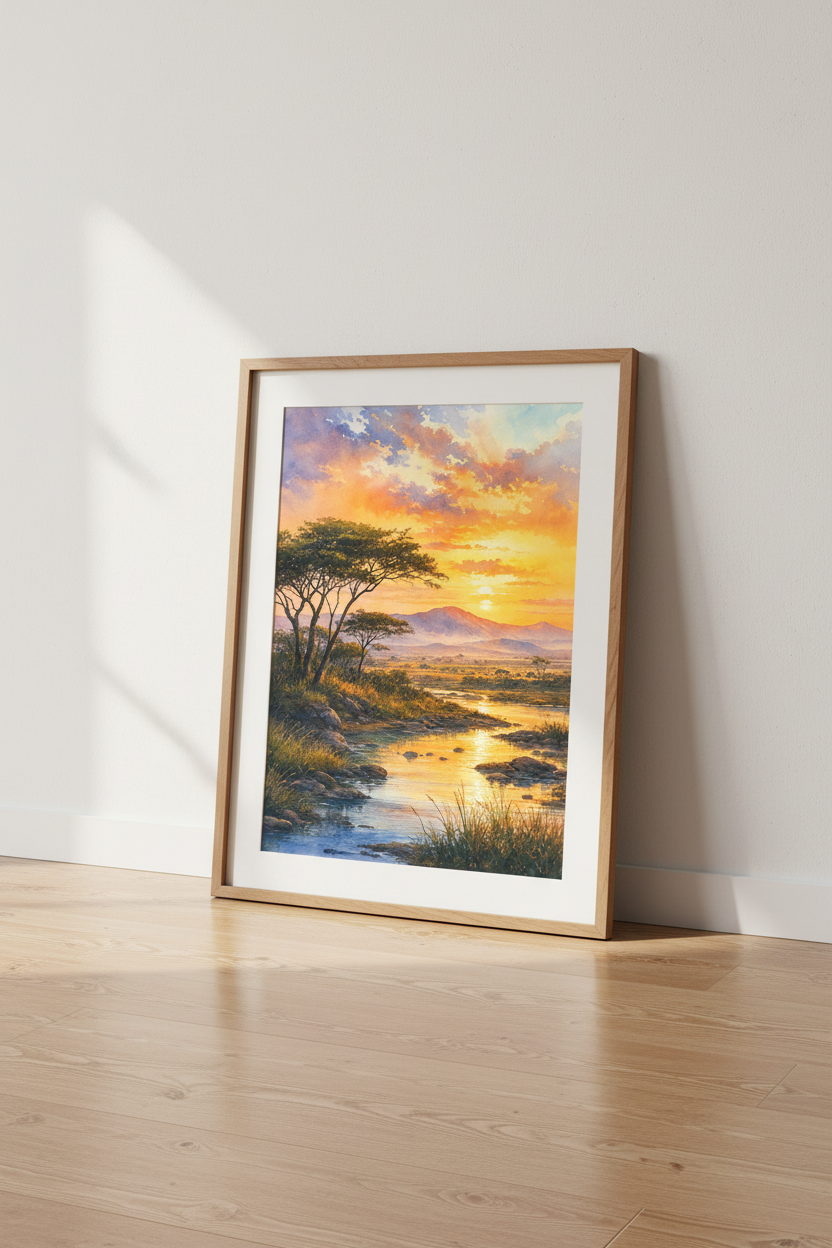 African Savannah Sunset | Golden Watercolor Landscape, Nature Wall Art Decor