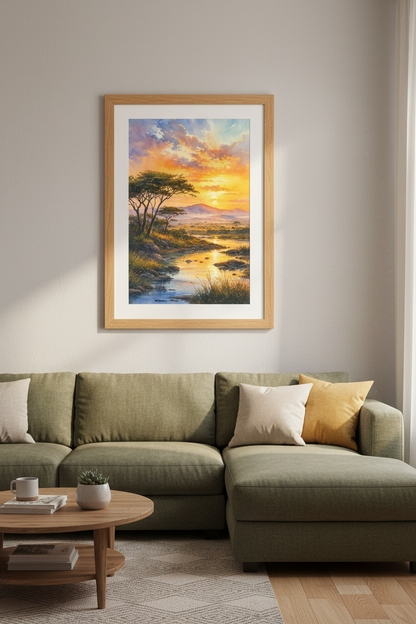 African Savannah Sunset | Golden Watercolor Landscape, Nature Wall Art Decor