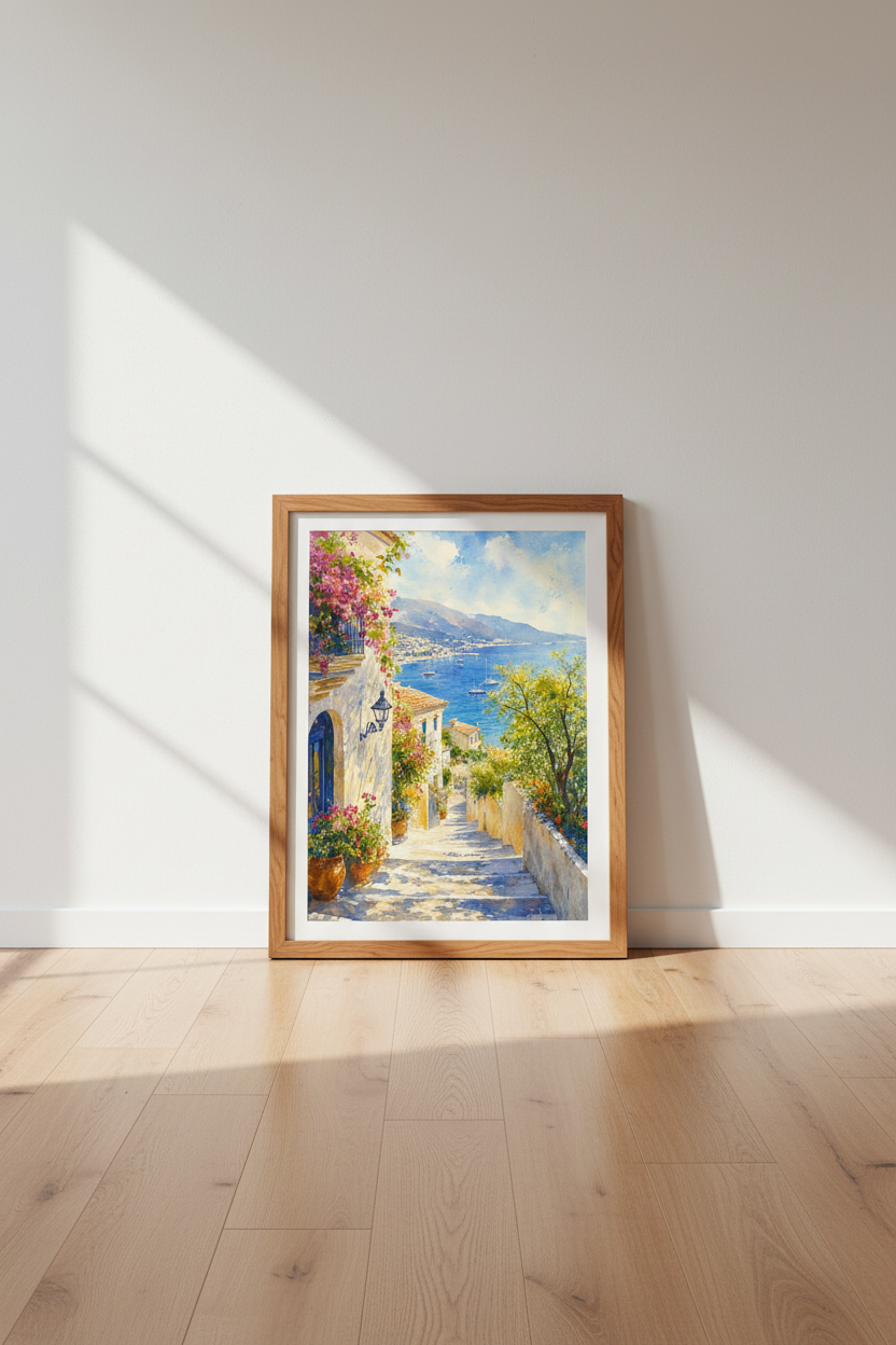 Mediterranean Coastal Watercolor Wall Art | Blue Seascape Decor | European Village Poster