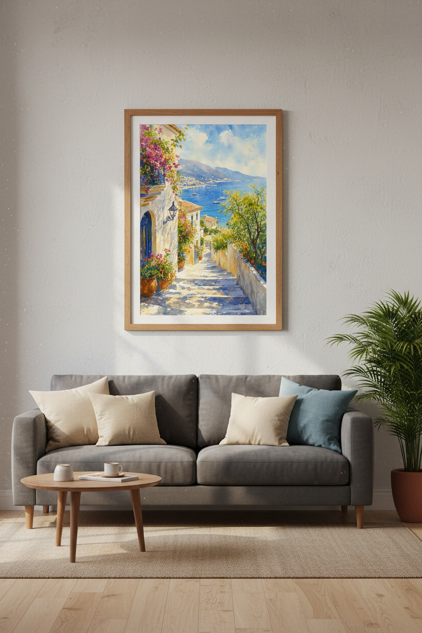 Mediterranean Coastal Watercolor Wall Art | Blue Seascape Decor | European Village Poster