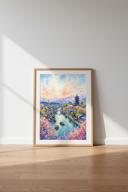 Japanese Landscape Wall Art Print | Cherry Blossom Decor | Watercolor Poster