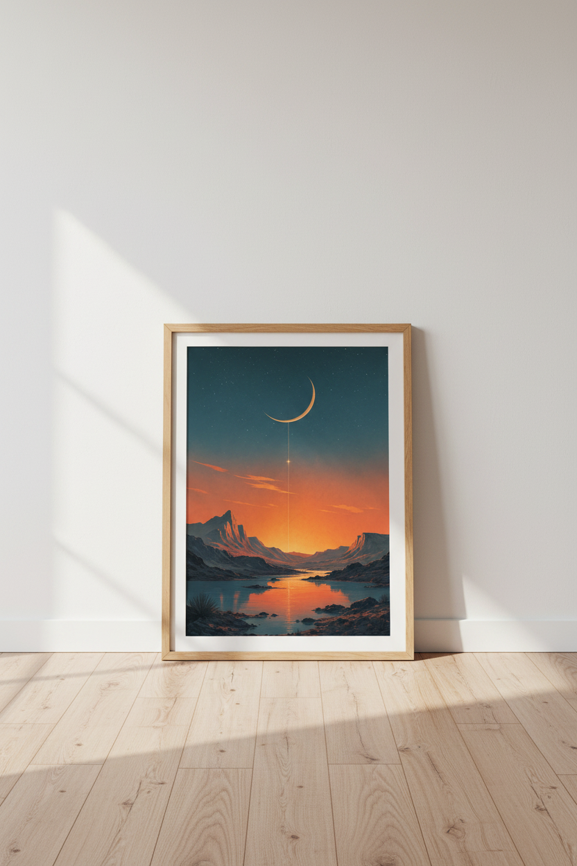 Celestial Moon &amp; Mountain Lake Art | Orange &amp; Teal Dessert Landscape, Bedroom Wall Decor