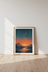 Celestial Moon & Mountain Lake Art | Orange & Teal Dessert Landscape, Bedroom Wall Decor