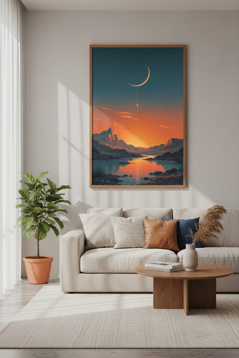 Celestial Moon &amp; Mountain Lake Art | Orange &amp; Teal Dessert Landscape, Bedroom Wall Decor