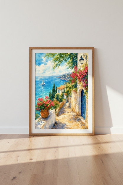 Mediterranean Coast Watercolor Wall Art | Blue Door Seascape | Coastal Poster