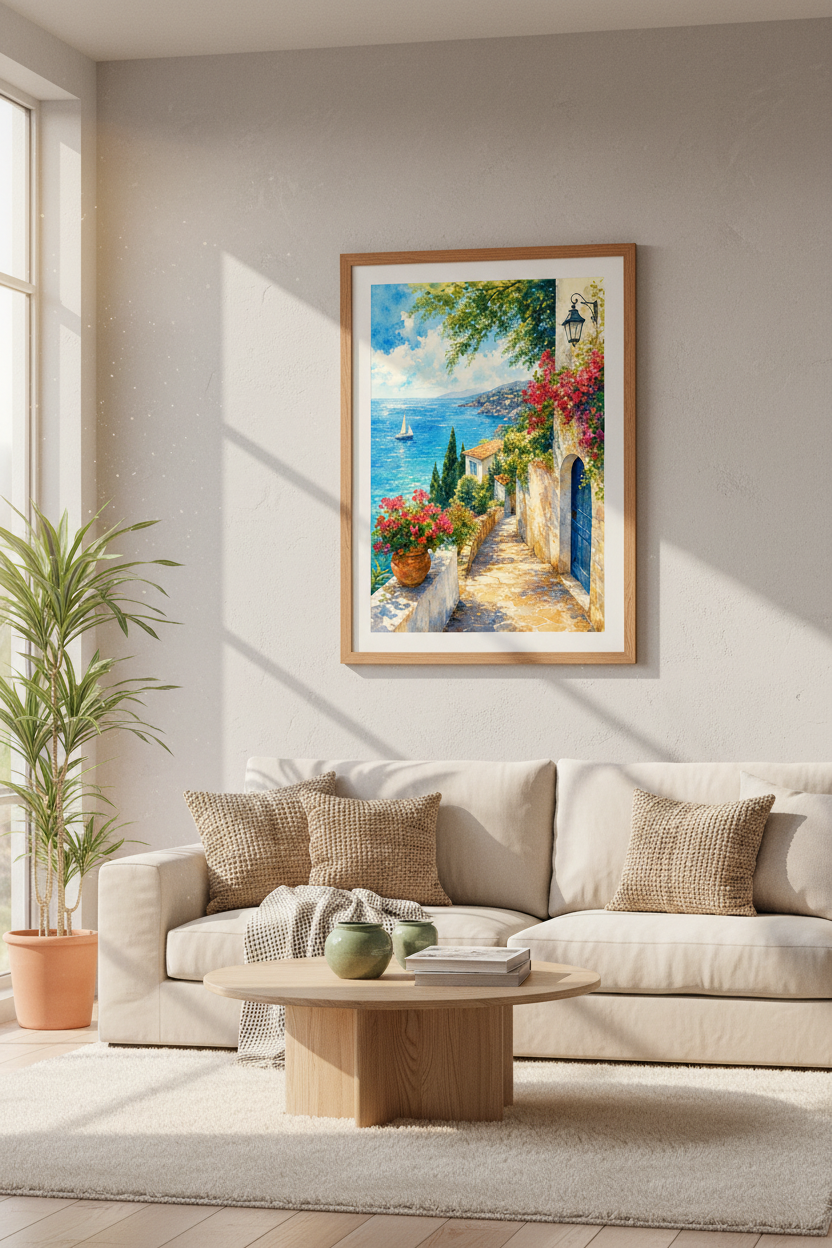 Mediterranean Coast Watercolor Wall Art | Blue Door Seascape | Coastal Poster
