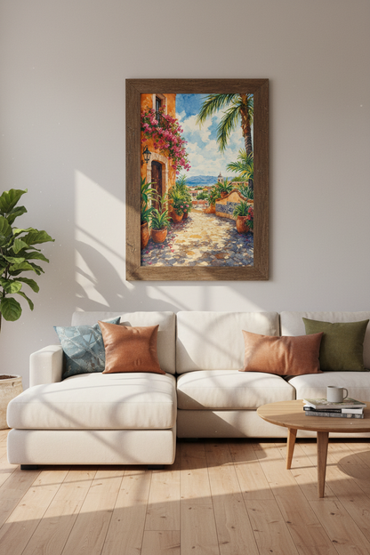 Mediterranean Coastal Watercolor Art | Italian Villa Summer Poster, Sunroom Decor